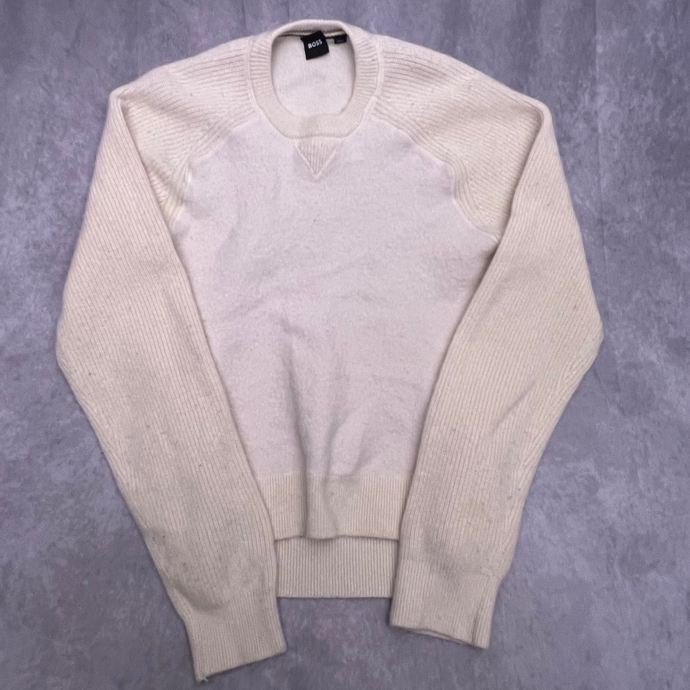 BOSS Hugo Boss Sweater Mens M Cream Good Virgin Wool Ribbed Raglan Crewneck